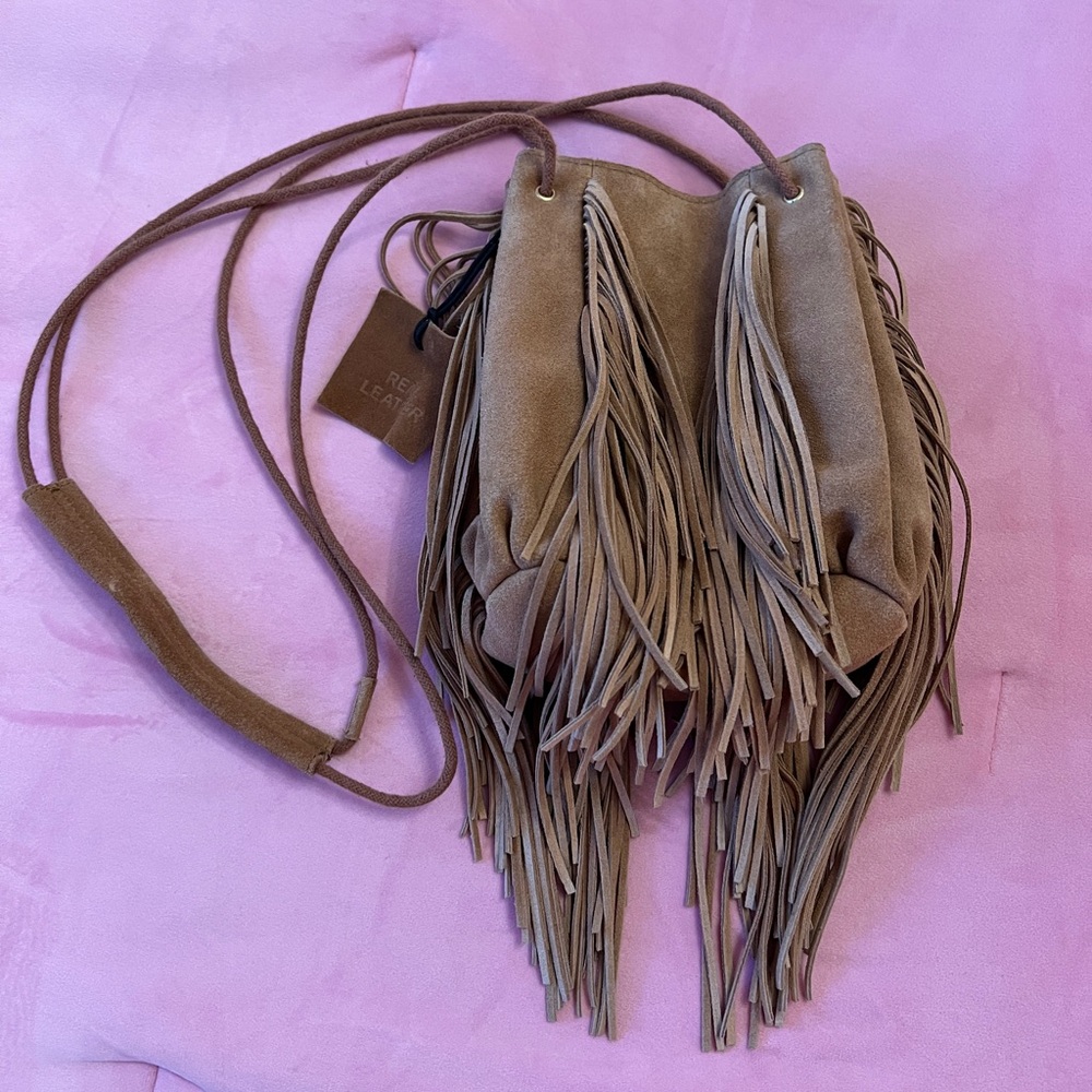 Urban Outfitters Tan Suede Fringe Crossbody Bag